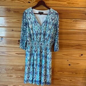 Harper Blue and Green Patterned V-Neck Dress